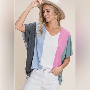 New!Plus Size Striped Color-block Casual Relaxed Fit V Neck Size 1X 2X 3X